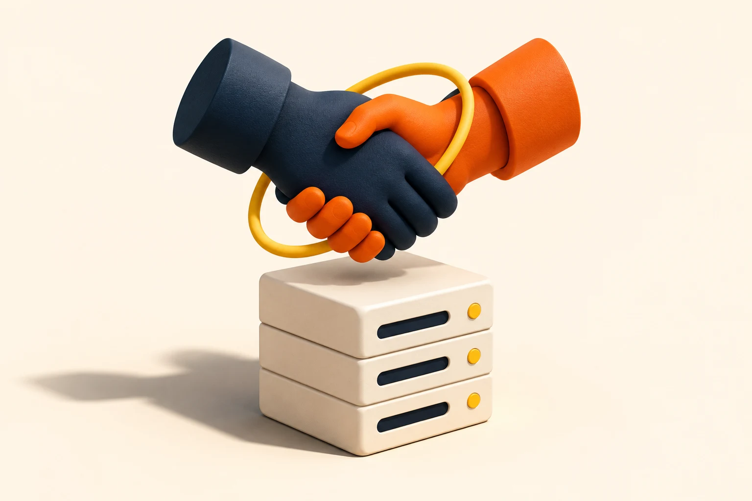 Illustration of a handshake above a server cube