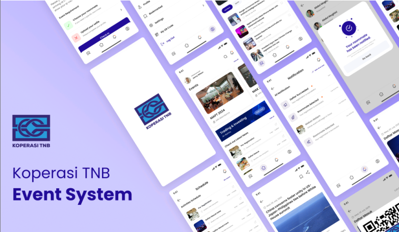 Koperasi TNB Event System app screens showing events, invitations and notifications